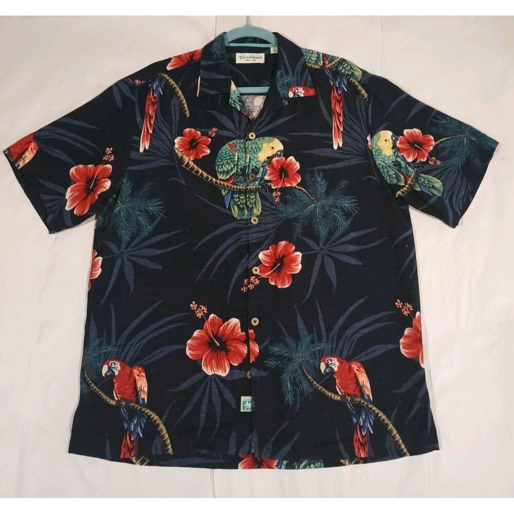 Vtg 90s Caribbean Pure Silk Hawaiian Shirt Mens M Parrot Hibiscus Aloha Navy
